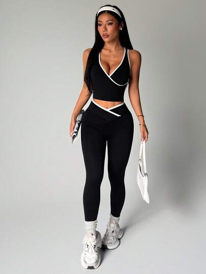 Dewbera Women's Seamless Yoga Workout Set, Contrast Color Vest And Waistband Crossover Contrast Trim Tight Leggings Athletic Two Piece Set Active Two Piece Set Workout Legging Two Piece Set Gym Two Piece Set Yoga Two Piece Set