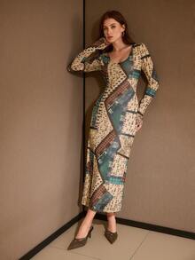 MOTF PREMIUM Đầm dài cổ tròn in họa tiết chắp vá ôm vừa vặn - Nhiều màu - Xem 3