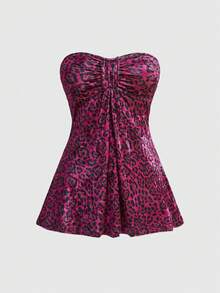 ROMWE J-Fashion Áo crop top họa tiết da báo Y2K dành cho nữ - Màu Hồng Tươi - Xem 1