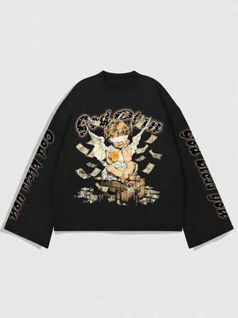 Street Life Camiseta de manga larga de cuello redondo con estampado de letras de ángel, de corte holgado y casual para hombre