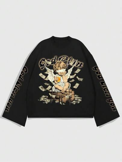 Street Life Maglietta casual da uomo a maniche lunghe, vestibilità ampia, con stampa di lettere angeliche, collo rotondo