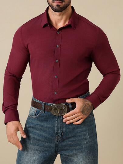 Manfinity Nomadique 男士纹理长袖单排扣休闲/商务衬衫 酒红色男士衬衫 男士正装衬衫 红色男士商务休闲衬衫 修身男士衬衫