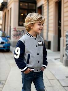 Genkimix Kids Boys' Grey Wool Blend Jacket With Black Letter Graphic Girls Jacket Boys Jacket - Grey - View 4