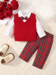 Souflis Souflis 男婴三件套V领毛衣背心，搭配长袖衬衫和红色格子裤，优雅套装，适合圣诞节、派对和其他秋冬季场合。男婴秋季套装，休闲绅士风套装，婴儿男童套装，男婴服装，男童套装。
