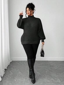 Elenzga Plus Size Women Solid Color Turtleneck Knit Pullover Sweater, Versatile For Daily Wear, Winter - Black - View 3