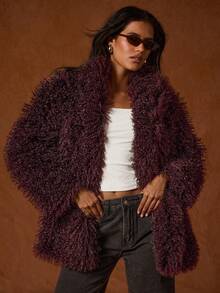 SHEIN Glamour Classic Solid Color Fashionable & Versatile Warm Wool Blend Jacket For Winter - Burgundy - View 4