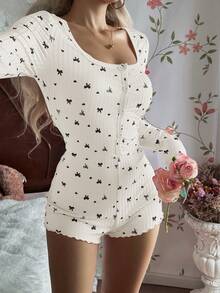 SHEIN Women's Bow & Heart Print Ribbed Knit Casual Comfortable Long Sleeve Jumpsuit