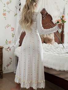 SHEIN Cartoon Floral Contrast Lace Ruffle Hem Romantic Long Nightgown, Winter - White - View 6