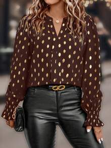 Auvina Plus Size Women's Foil Polka Dot Pattern V-Neck Long Sleeve Fashionable Blouse - Coffee Brown - View 6