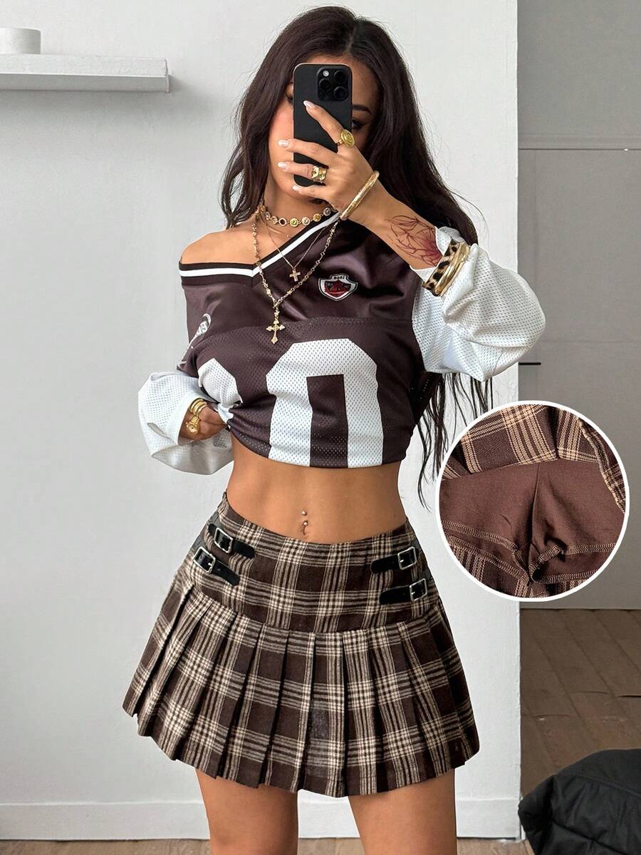 Coolane 女士棕色格子编织百褶裙 - 卡其色 - 查看 1