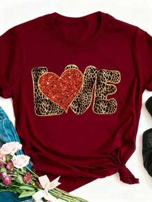 Maweii Áo thun nữ in họa tiết "LOVE", thiết kế hình trái tim họa tiết da báo, áo thun cổ tròn tay ngắn ngày lễ tình nhân, chất vải co giãn nhẹ phù hợp mọi mùa, trang phục cơ bản dành cho nữ, áo thun nữ - Màu Đỏ Sâu - Xem 3