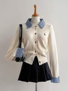 Sweetra 秋冬新款小马刺绣格子拼接二合一时尚宽松学院风长袖开衫 - 杏色 - 查看 6