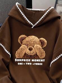 Resyla Women's Sweatshirts/ Casual Retro Hooded Sweatshirts/Cute Teddy Bear Cartoon Prints/Casual Simple And Fashionable Sweatshirts/Fashionable Tops/Funny Sweatshirts/Suitable For Autumn And Winter/Loose Round Neck Long-Sleeved Sweatshirts/Women's Spring Pullovers, Women's Lace Contrast Hooded Sweatshirts, Long-Sleeved Tops, Back-To-School Autumn And Winter Hoodies