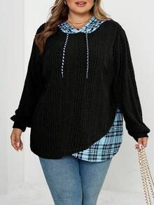 SHEIN CURVE+ 柔软磨毛面料格纹撞色下摆卫衣，加大码 - 黑色 - 查看 3