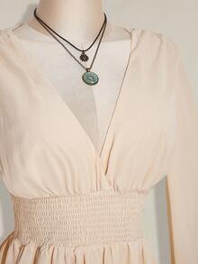 SHEIN ICON 大码V领褶皱腰身A字连衣裙，喇叭袖，波西米亚风、嬉皮风、Y2K风格，适合夏季、休闲度假、音乐节、毕业典礼和返校季穿着。 - 杏色 - 查看 6