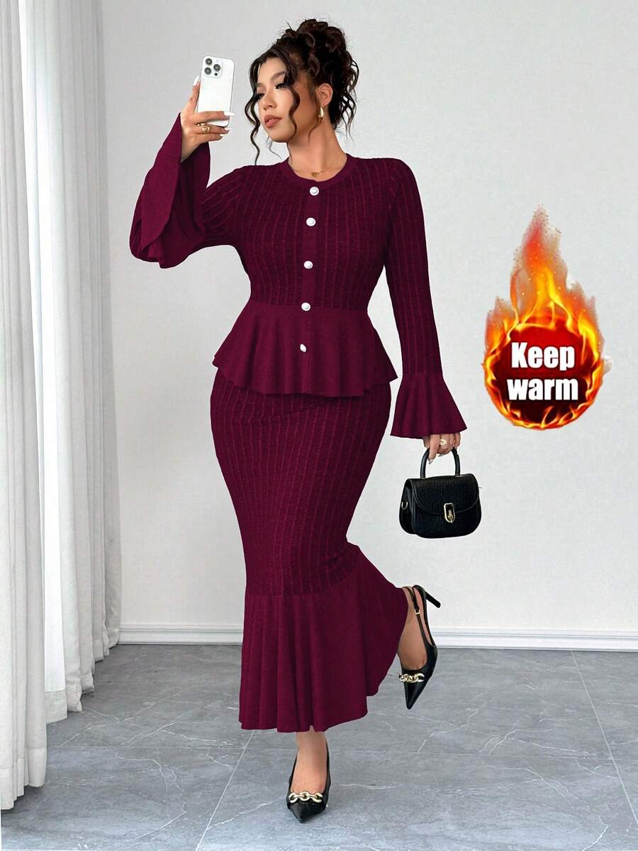 Elenzga Dwuczęściowy komplet damski w dużych rozmiarach, rozciągliwa dzianina w szerokie paski, sukienka syrenka z rozszerzanymi rękawami, elegancka na wyjścia, podwieczorek, dojazdy do pracy, nowoczesna i wygodna, w dużych rozmiarach, ciemnoszara, jesienno-zimowa sukienka maxi z długim rękawem, dwuczęściowy komplet