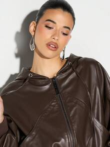 KIZN Faux Leather Hooded Bomber Jacket With Full Zip Closure And Ribbed Hem For Fall Winter Layering - Coffee Brown - View 3