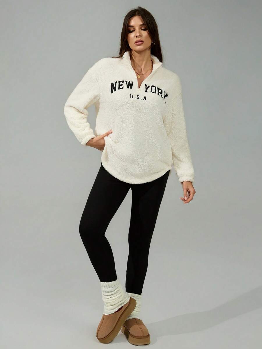 SHEIN Tall Women's New Letter Pattern Stand Collar Double-Sided Fleece Sweatshirt And Tight Fleece Leggings Set, Autumn/Winter - Black and White - View 1