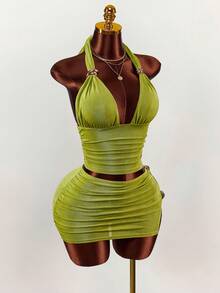 Amplova 女士吊带金属绿亮面两件套，镂空下摆，性感前卫，适合度假穿着。 - 綠色 - 查看 5