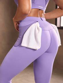 Powerista Legging Olahraga Wanita Minimalis dengan Motif Huruf, Pinggang Tinggi, Jahitan Kontras, dan Kantong. - Purple - View 1