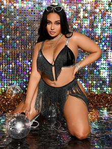 MidnightGlam Lingerie sexy avec design à franges pour femmes grandes tailles (Top et culotte)