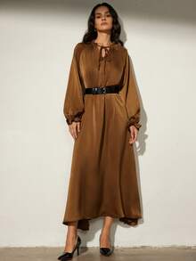 Aveloria Modichic Brown Tie Collar Cinching Waist Midi Dress, Long Sleeve With Belt, Elegant French Retro Style, Suitable For Dates And Afternoon Tea - Brown - View 4