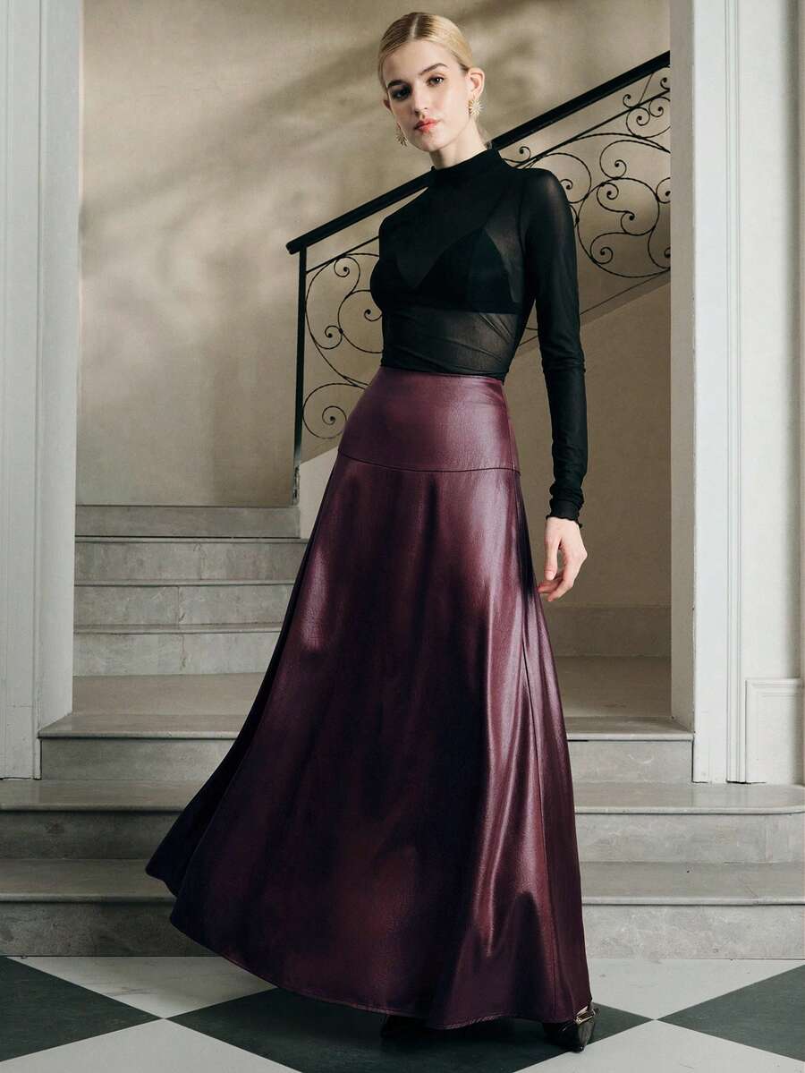 Anewsta 女士高腰纹理A字裙，春秋季 - 紫色 - 查看 1