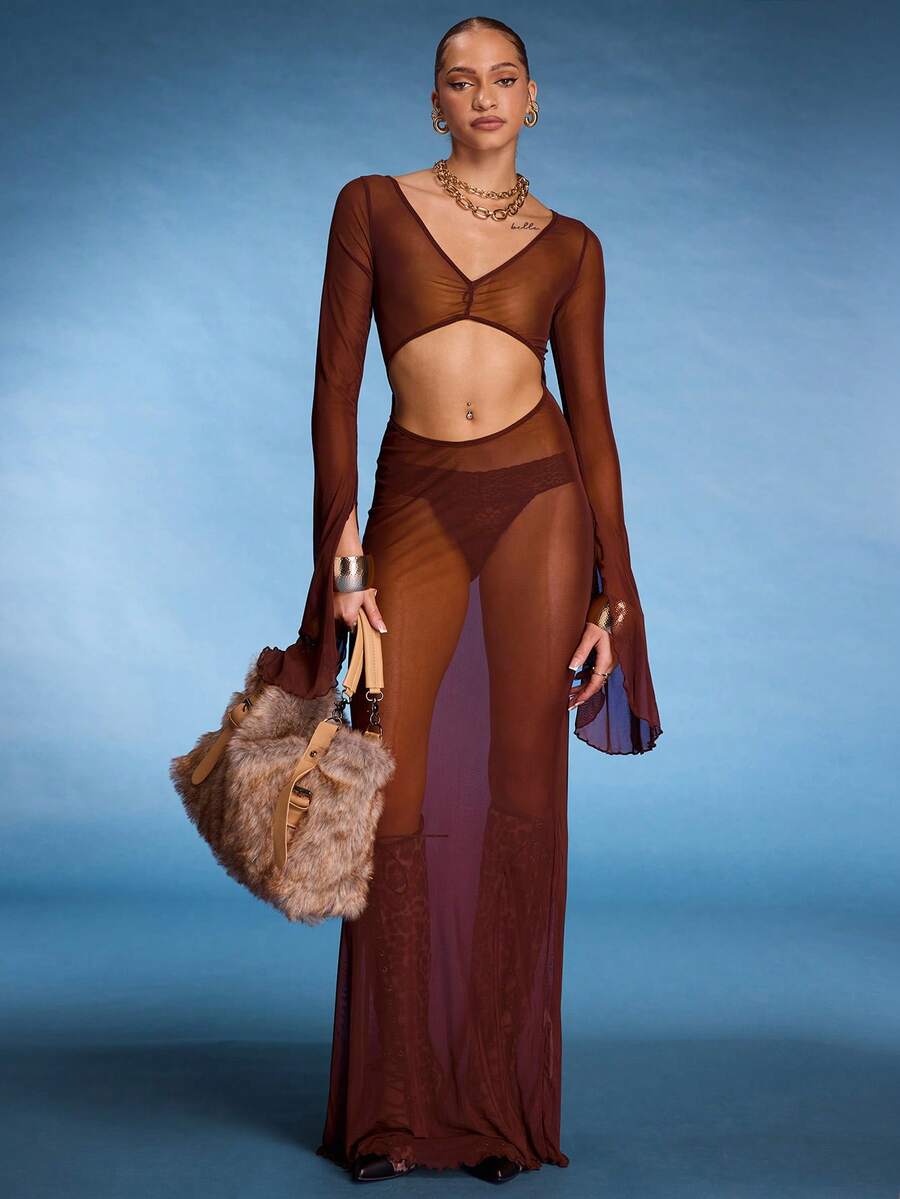 Normani 荷叶边下摆和袖口前开衩长裙 - 棕色 - 查看 1