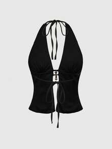 ROMWE Grunge Punk 朋克摇滚风夏日海滩派对、音乐节、街头时尚，Y2K性感豹纹亮片十字架吊坠露背上衣 - 紫色 - 查看 2