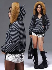 Bloopia Women's Striped Little Devil Faux Fur Collar Zip-Up Jacket - Black - View 8