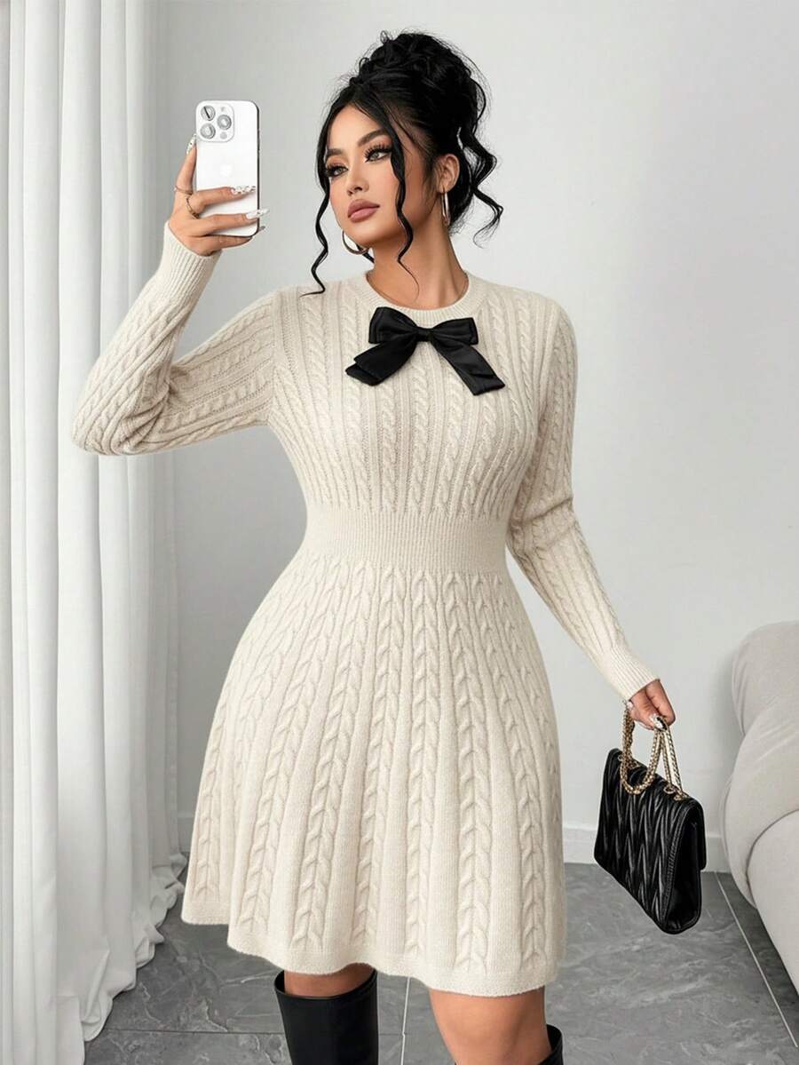 Elenzga Modisches A-Linien-Kleid mit Schleife an der Taille in Große Größen, burgunderrotes Strickpulloverkleid