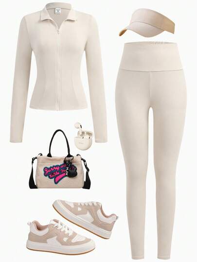 Girlism Teen Girls 2-Piece Outfit - Knit Apricot Stand Collar Zip-Up Jacket And Skinny Leggings Set, Activewear Set, Athleisure Set, Jogging Suit