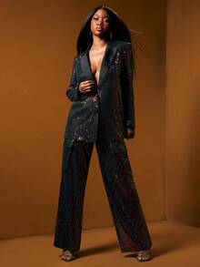 NYA SZN 配套套装（西装外套和长裤）纽扣前开襟亮片西装外套，宽松长裤，中性色调，适合特殊场合、办公室、商务休闲、假日、圣诞派对、节日、新年夜、新年除夕、简约休闲早午餐、日常、秋冬春季女装 - 黑色 - 查看 3