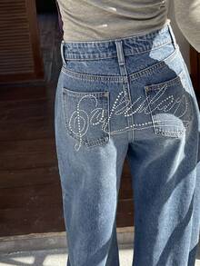 Livesso Women's Letter Print Pocket Wide Leg Loose Casual Jeans