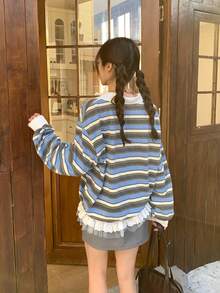 DAZY 女士翻领条纹休闲长袖卫衣，秋冬款 - 白色 - 查看 2