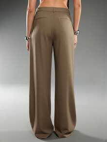 Normani Pantalones rectos de pierna casual holgados con bolsillo y drapeado asimétrico de unicolor para mujer - Marrón - Ver 2
