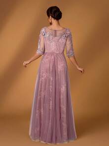 Serin Vestido de lujo con aplicaciones, cuello redondo, manga 3/4, encaje y malla, bajo en línea A, elegante y romántico para fiesta de noche, cita, boda, festival de música, adecuado para novia y madre, Día de San Valentín - Rosa vieja - Ver 3