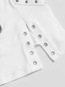 ROMWE Grunge Punk Vintage Punk Metal Grommet Design Draped Neck Slit Hem Fitted Plus Size Women Tank Top - White - View 4