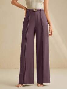 Anewsta بنطلون نسائي ذو تصميم ساق مطوية أنيق وراقي، باللون البني الداكن - الأرجواني - مشاهدة 4