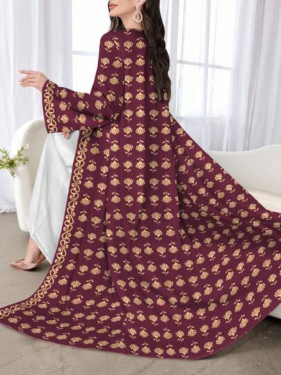 SHEIN Najma Women's Clover Floral Digital Print Long Sleeve Casual Arabic Abaya Robe, Suitable For Spring And Autumn