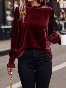 SHEIN LUNE 女士纯色荷叶边圆领长袖时尚衬衫 - 玫紅色 - 查看 4