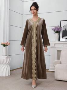Al Najma Luxury Velvet Patchwork Embroidered Gold Trim Long Dress, Fall/Winter 2025 Kaftan Jalabiya Dress - Camel - View 4