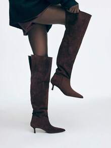 Mnmlis بوت نسائية عالية الكعب بأصبع مدبب من الجلد الأحمر الداكن، موضة الخريف/الشتاء - بني - مشاهدة 6