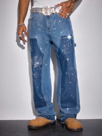 Street Life Jeans larghi da uomo con tasche e gamba ampia, decorati con strass