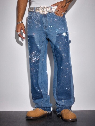 Street Life Herren Loose Fit Jeans mit Taschen, weitem Bein und Strass Verzierung