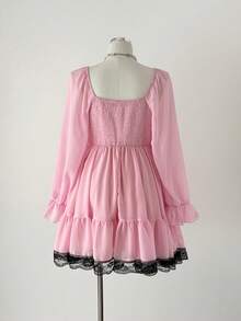 Sunspun New Elegant Sweet Going Out Tops, Chiffon Fabric Contrast Lace Bow Decor Bubble Long Sleeve Dress, Ruffle Hem Short Skirt, Spring/Summer/Fall - Pink - View 2
