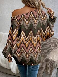 EMERY ROSE Women's Casual Off-Shoulder Wavy Striped Contrast Color Vintage Bohemian Print Sweater, Suitable For Autumn/Winter, Suitable For Outings, Street Style, Work Commute, Dates, Parties, Chic,Sweaters For Women