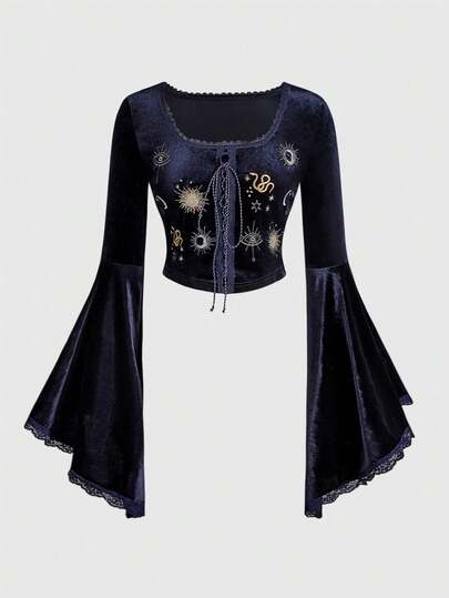 Hippie T-shirt ajusté pour femmes à manches évasées, en velours brodé, style polyvalent, romantique et sorcière pour Halloween