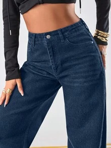 WOMEN CLASSIC HIGH WAIST WIDELEG BLACK WASH DENIM JEAN BACK LABEL AND RİVET - Medium Wash - View 3