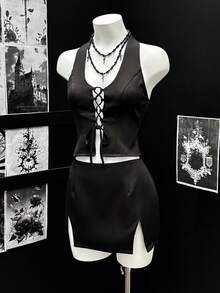 EgrlEra Conjunto de 2 peças feminino: top frente única com decote nas costas e saia com fenda. - Preto - Ver 1